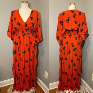 NWT BEL KAZAN Kaftan Maxi Dress with batwing Sleeves ORANGE/TEAL L/XL